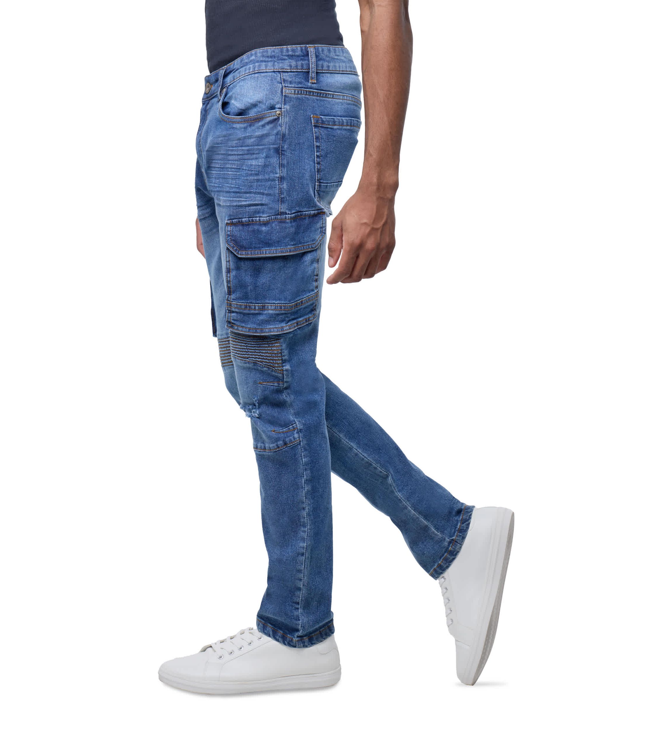 Mens Slim Fit Moto Rip And Repair Cargo Pocket Denim Jeans