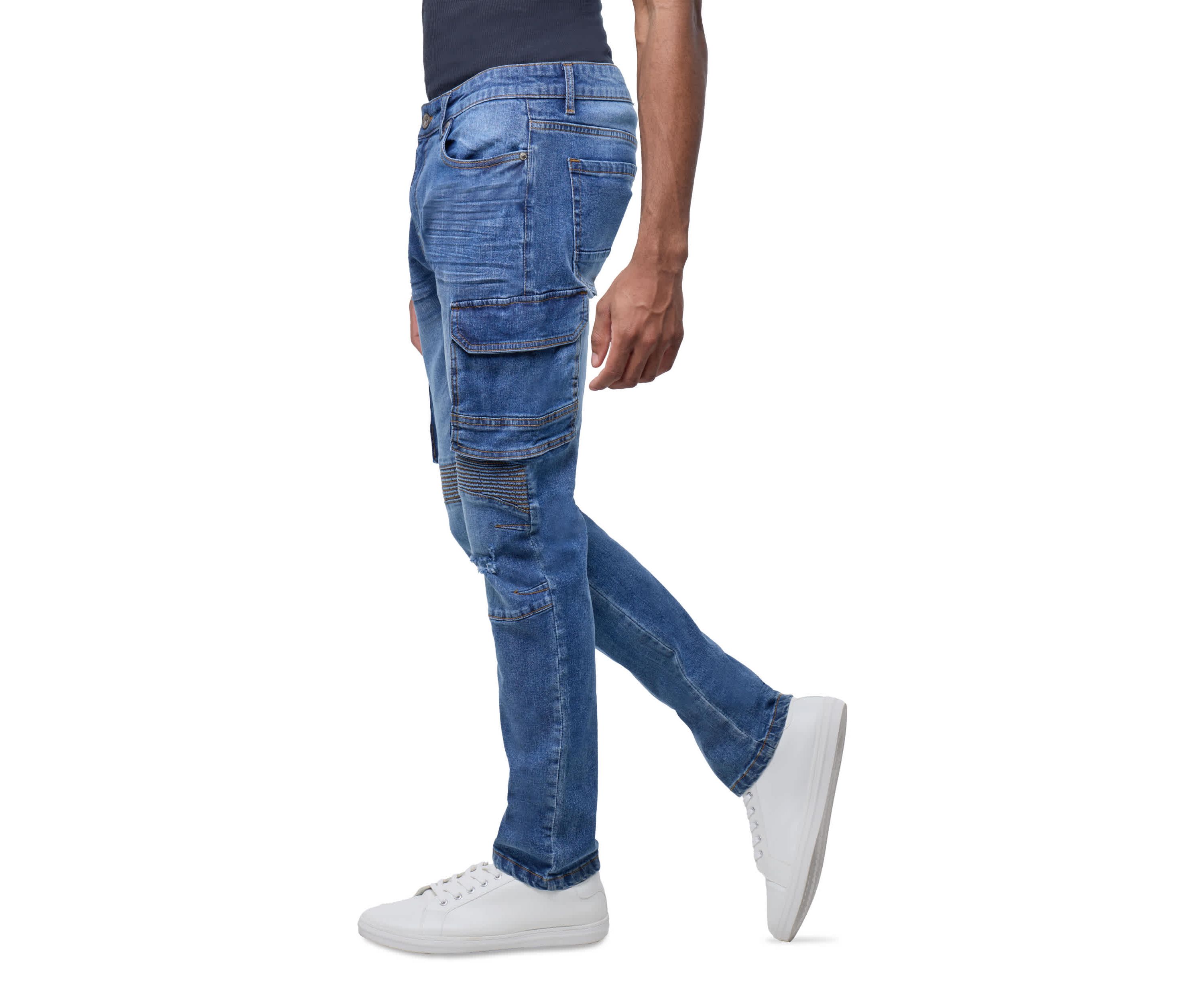 Mens Slim Fit Moto Rip And Repair Cargo Pocket Denim Jeans