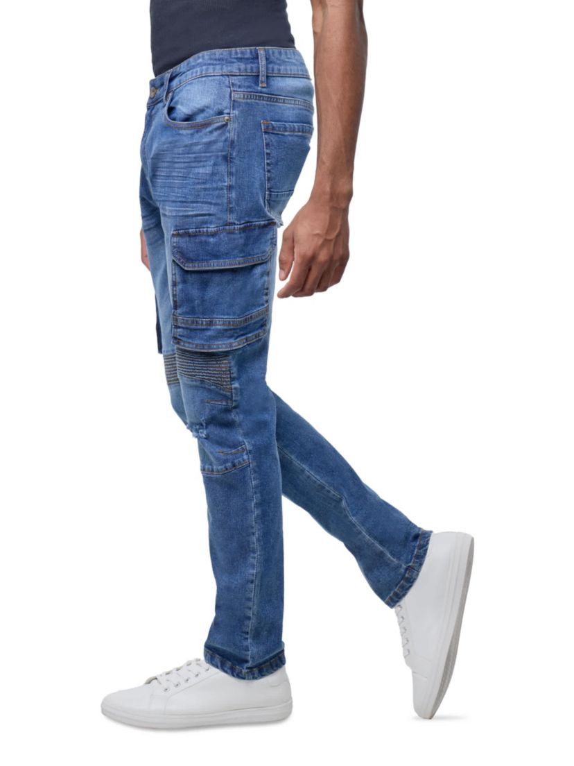Mens Slim Fit Moto Rip And Repair Cargo Pocket Denim Jeans
