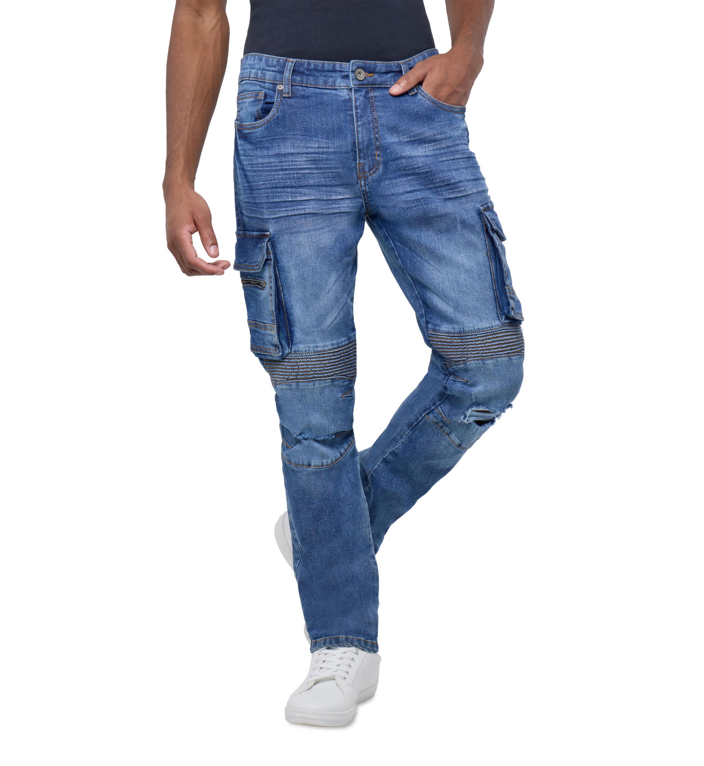 Mens Slim Fit Moto Rip And Repair Cargo Pocket Denim Jeans