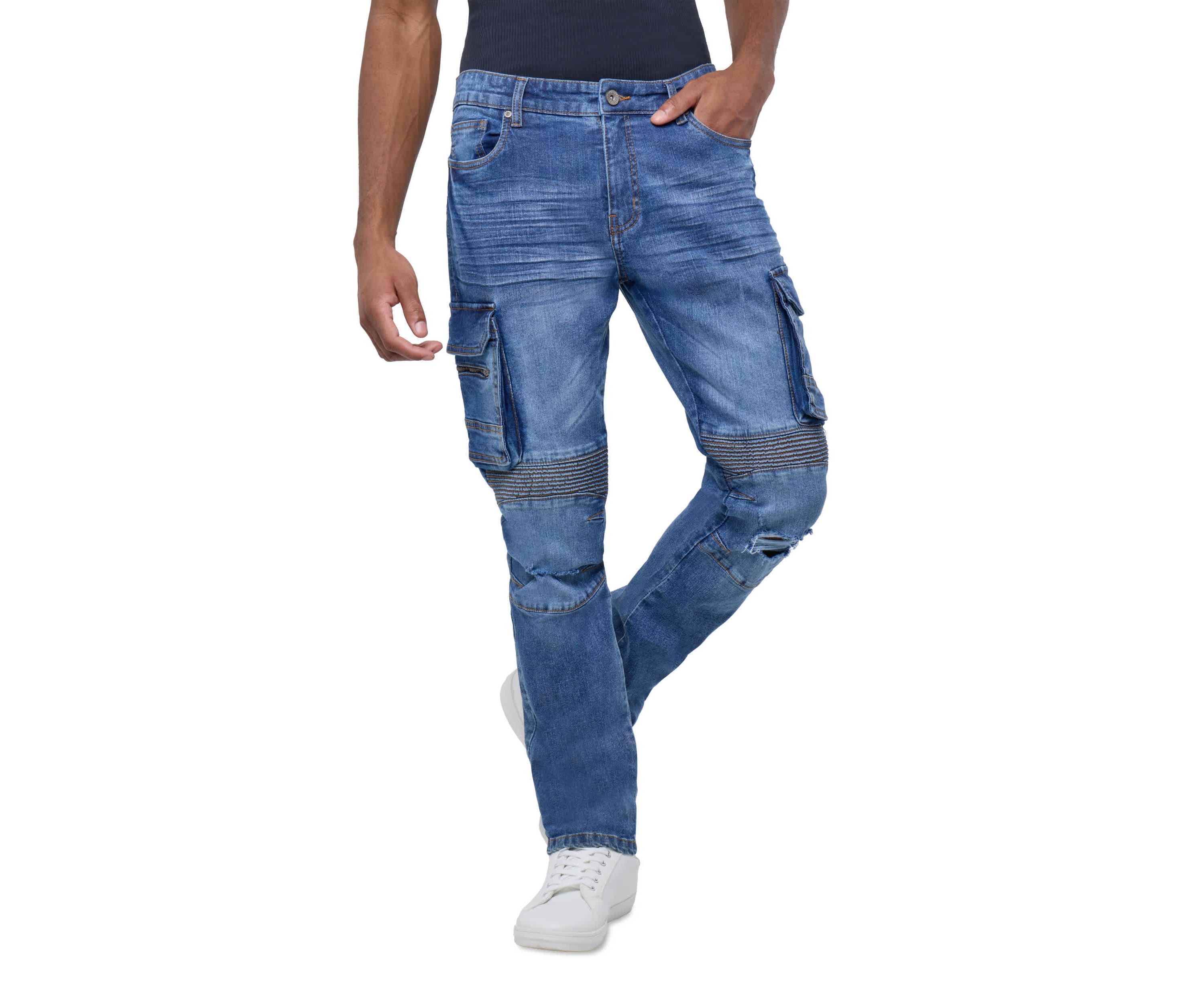 Mens Slim Fit Moto Rip And Repair Cargo Pocket Denim Jeans