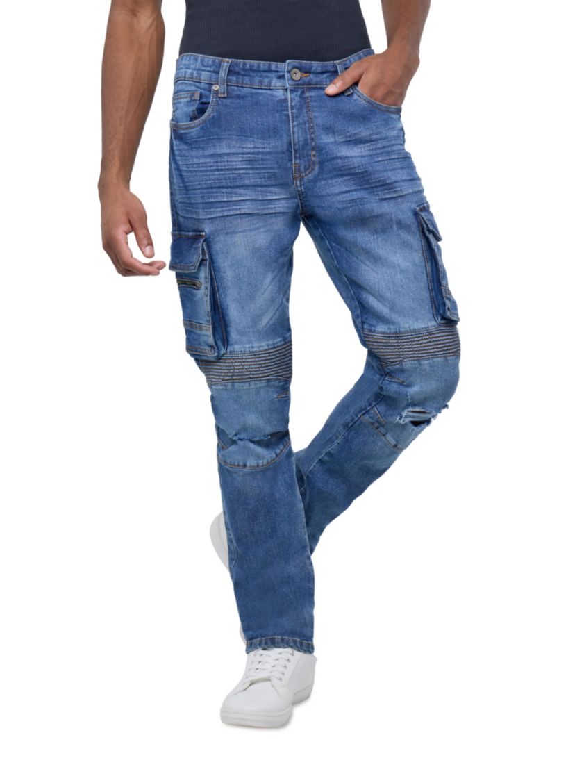 Mens Slim Fit Moto Rip And Repair Cargo Pocket Denim Jeans