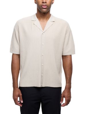 X RAY Men's Vertical Ottoman Camp Collar Button Up Short Sleeve Sweater Shirt, 2XL