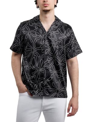 X RAY Men's Flower Clouds Print Camp Collar Short Sleeve Woven Shirt