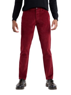 SPRING + MERCER Men's Slim Fit Corduroy Pants, Burgundy, 42 x 32