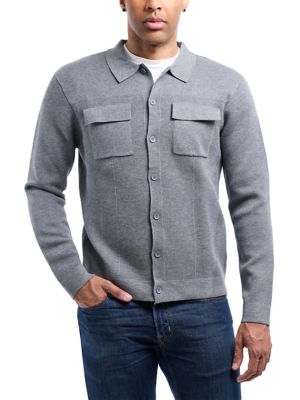 SPRING + MERCER Mens Long Sleeve Sweater With Full Buttoned Two Patch Pockets, Grey, XL
