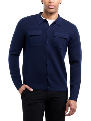 SPRING + MERCER Mens Long Sleeve Sweater With Full Buttoned Two Patch Pockets, Navy Blue, XL