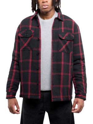 X RAY Men's Cotton Plaid Flannel Button-Up Shirt Jacket With Faux Shearling Lining, XL