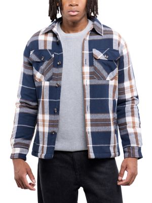 X RAY Men's Cotton Plaid Flannel Button-Up Shirt Jacket With Faux Shearling Lining, Small