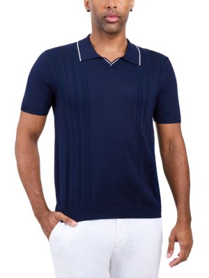 X RAY Men's Johnny Collar Textured Stripe Sweater Polo, Navy Blue, XL