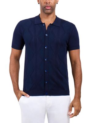 X RAY Men's Textured Polo Buttton Down Sweater, Navy Blue, XL