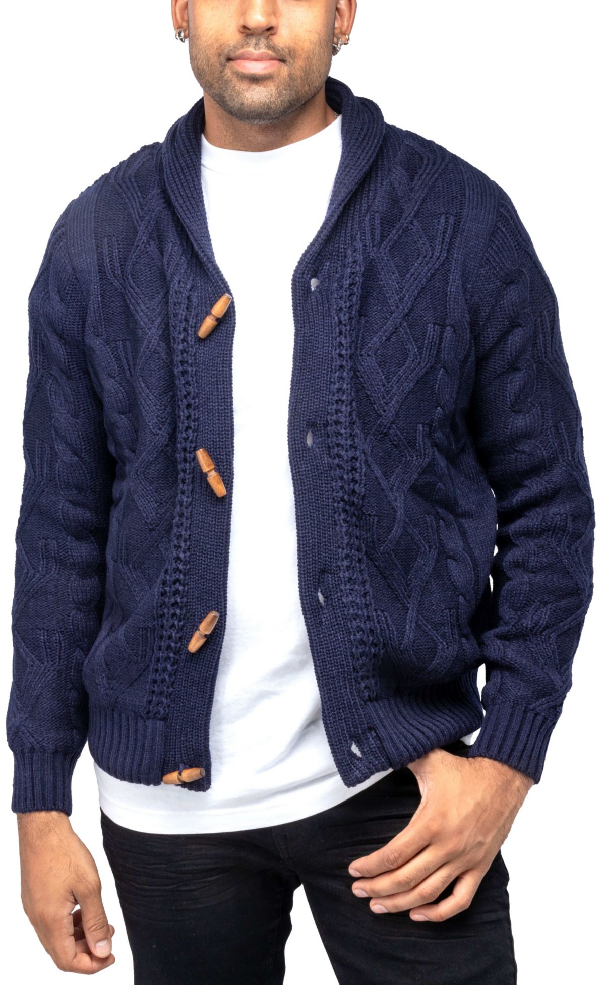 Mens Faux Shearling Lined Shawl Collar Cable Knit Cardigan Sweater