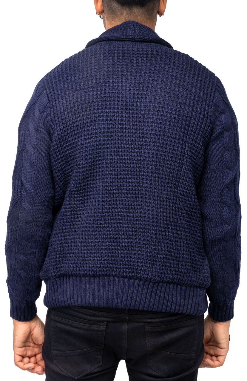 Mens Faux Shearling Lined Shawl Collar Cable Knit Cardigan Sweater