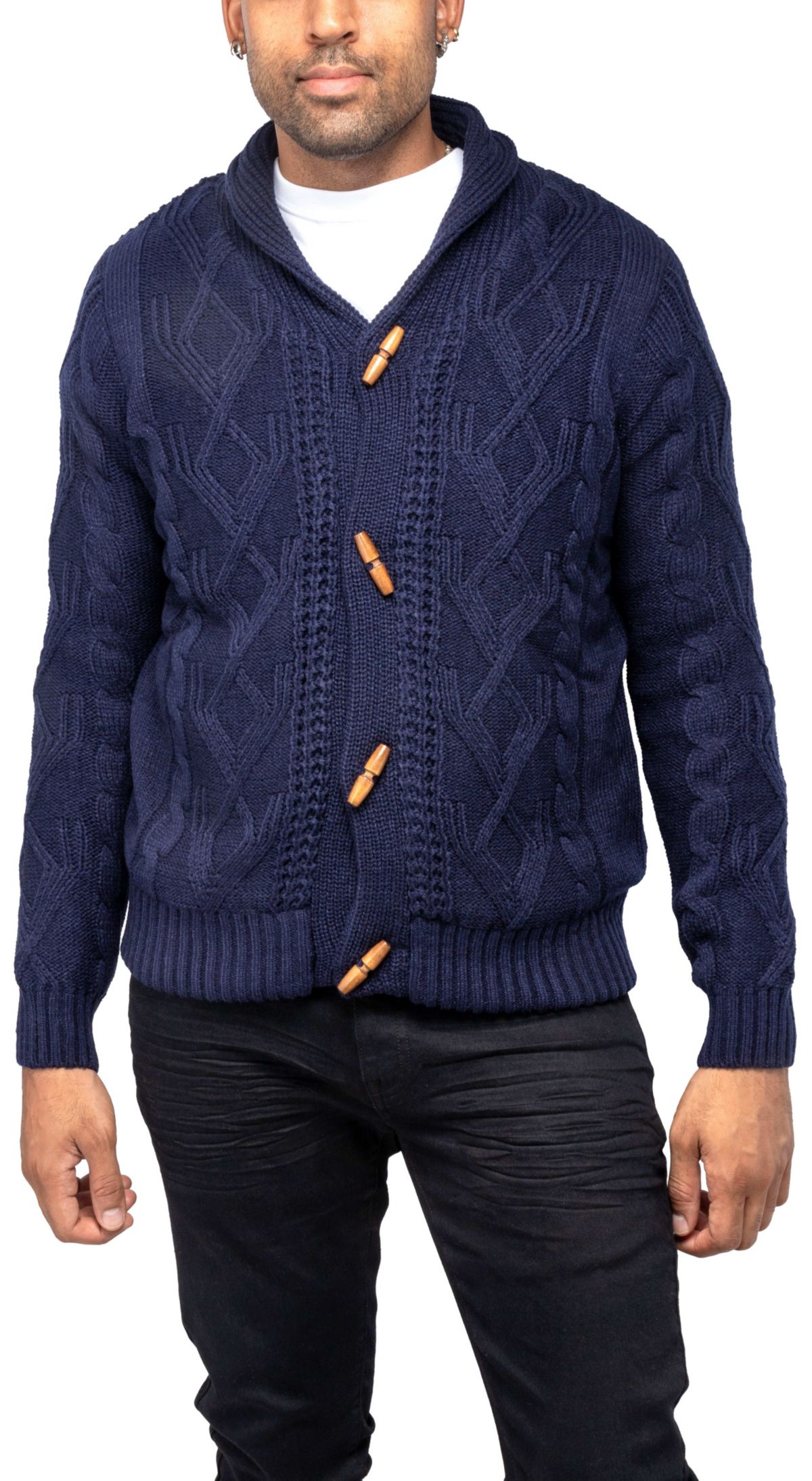 Mens Faux Shearling Lined Shawl Collar Cable Knit Cardigan Sweater