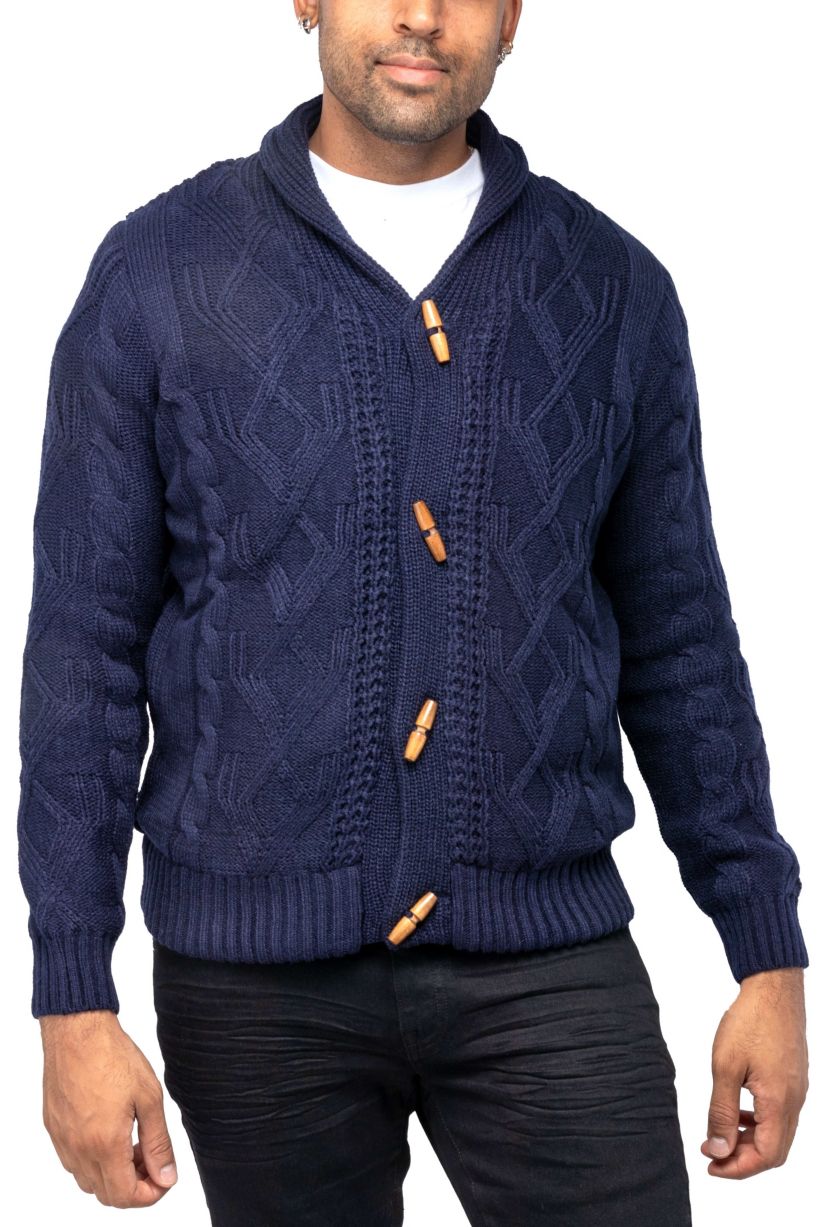 Mens Faux Shearling Lined Shawl Collar Cable Knit Cardigan Sweater