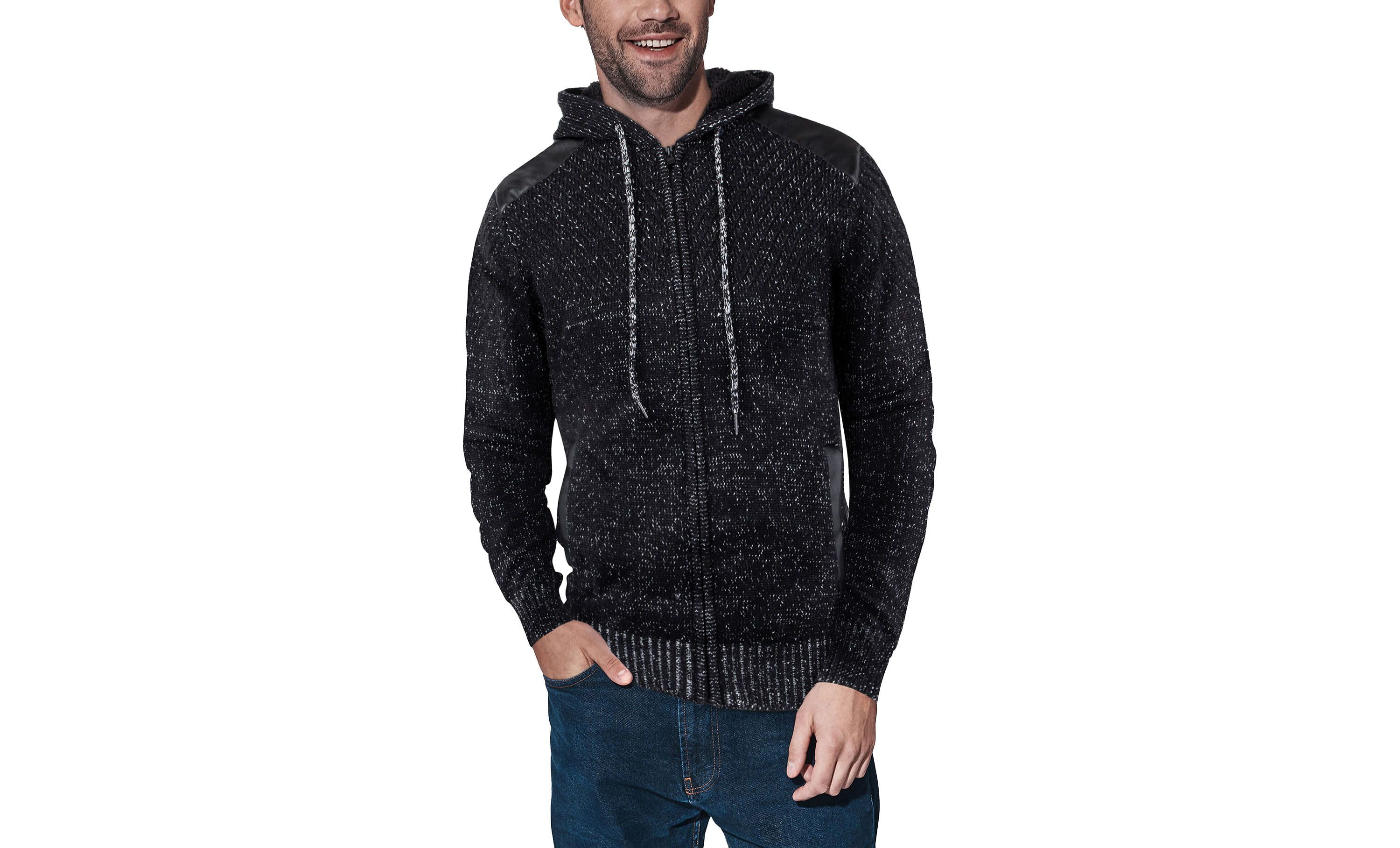 Mens Hooded Full-Zip Sweater Jacket with Shoulder Patch