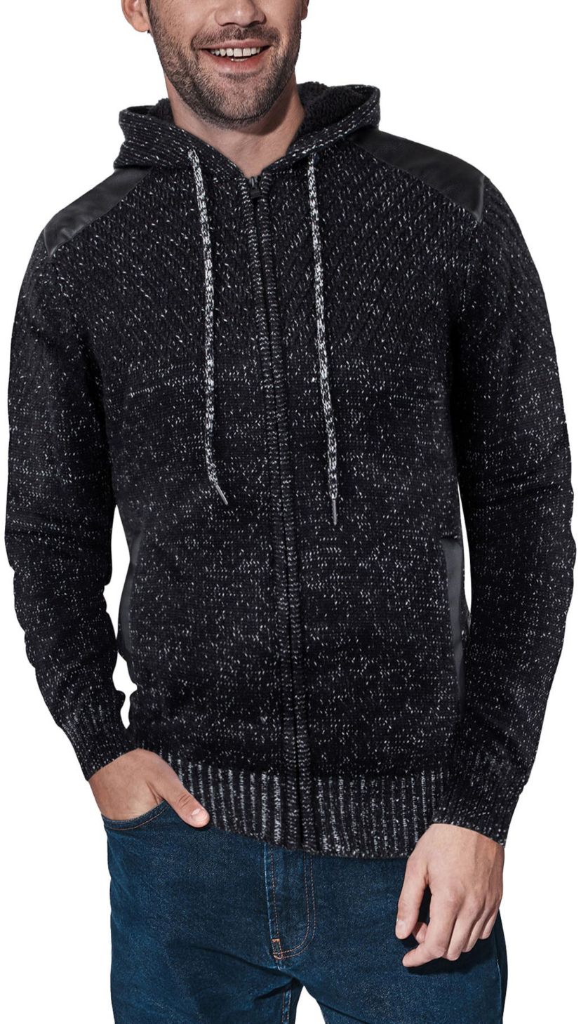 Mens Hooded Full-Zip Sweater Jacket with Shoulder Patch