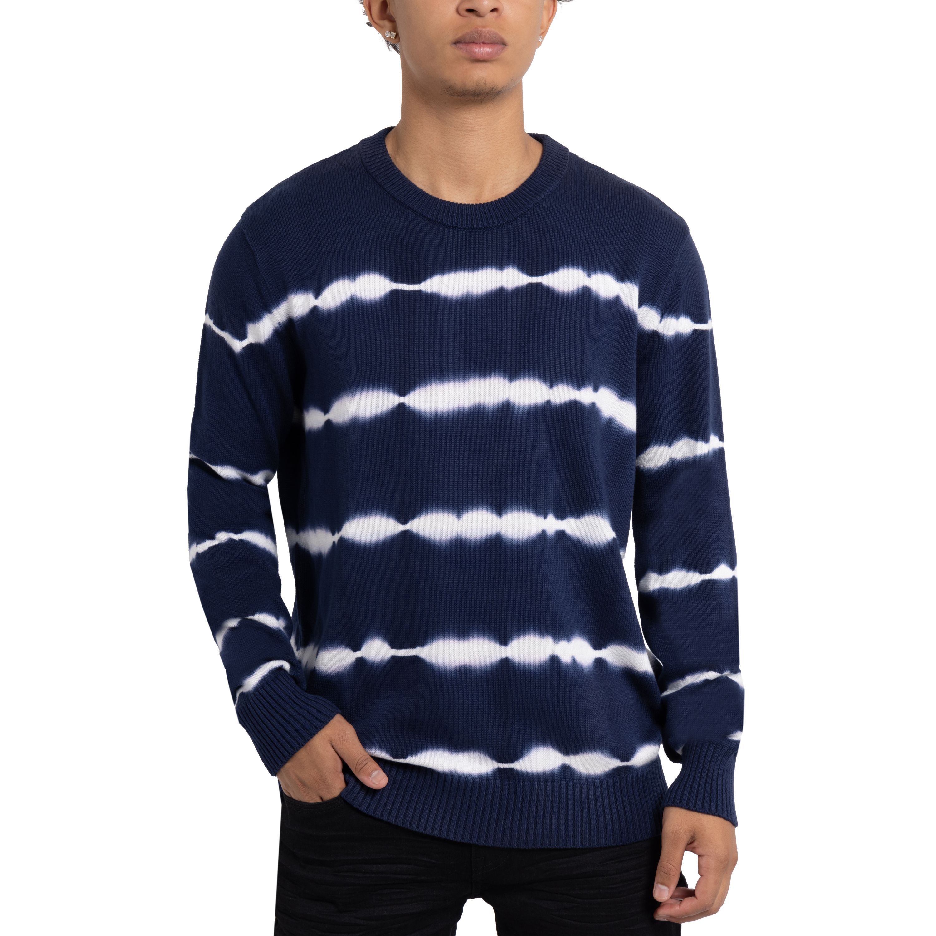 Mens Striped Tie-Dye Crewneck Cotton Sweater