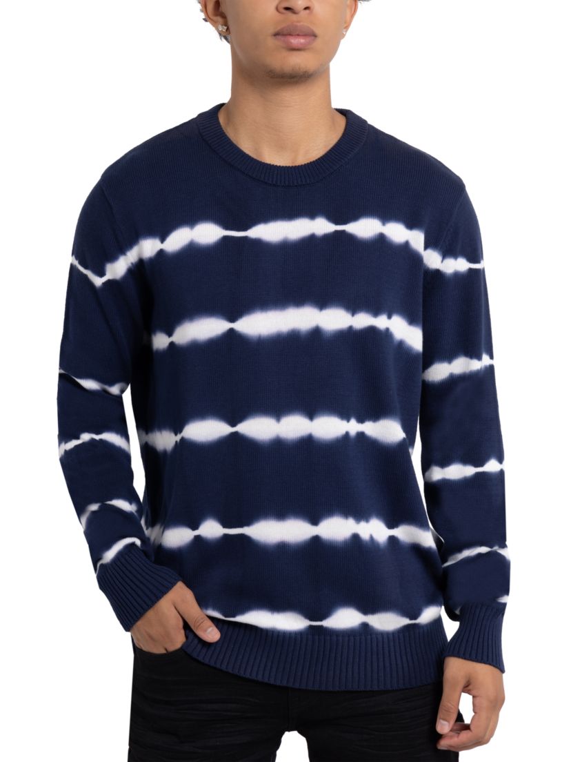 Mens Striped Tie-Dye Crewneck Cotton Sweater