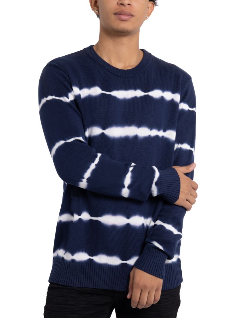 Mens Striped Tie-Dye Crewneck Cotton Sweater