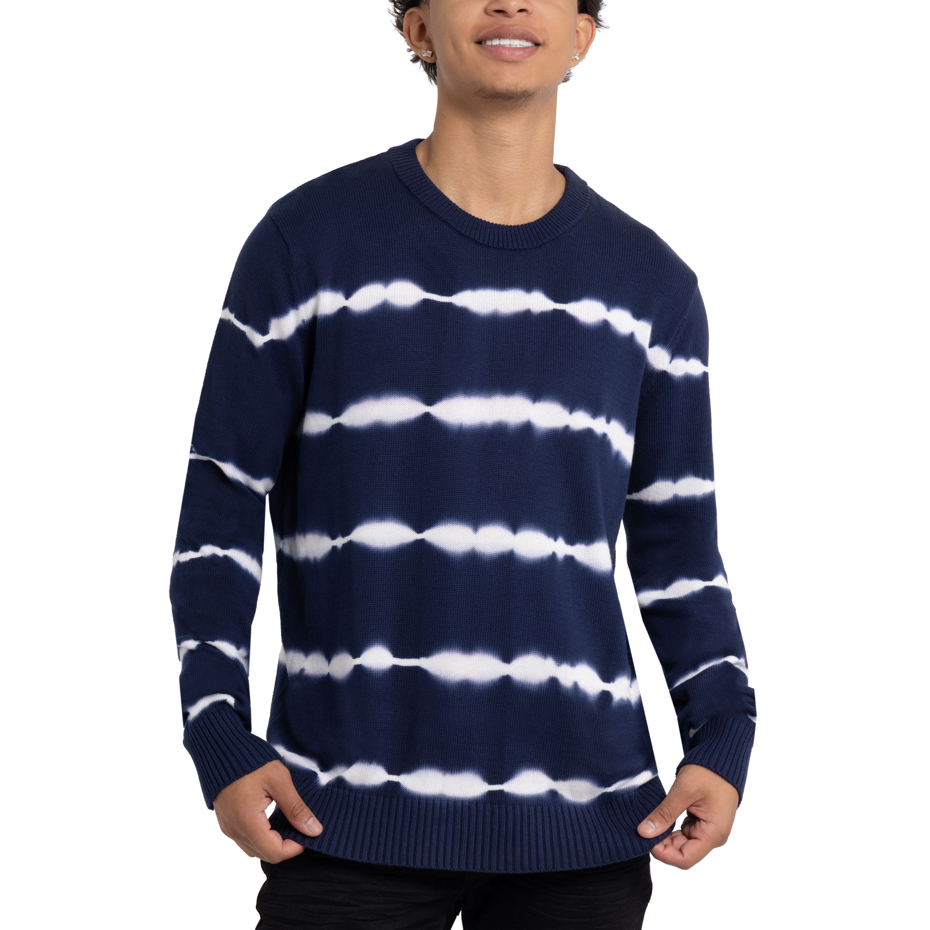 Mens Striped Tie-Dye Crewneck Cotton Sweater