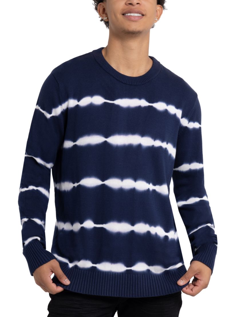 Mens Striped Tie-Dye Crewneck Cotton Sweater