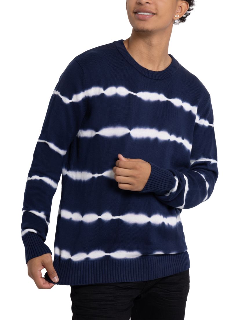 Mens Striped Tie-Dye Crewneck Cotton Sweater