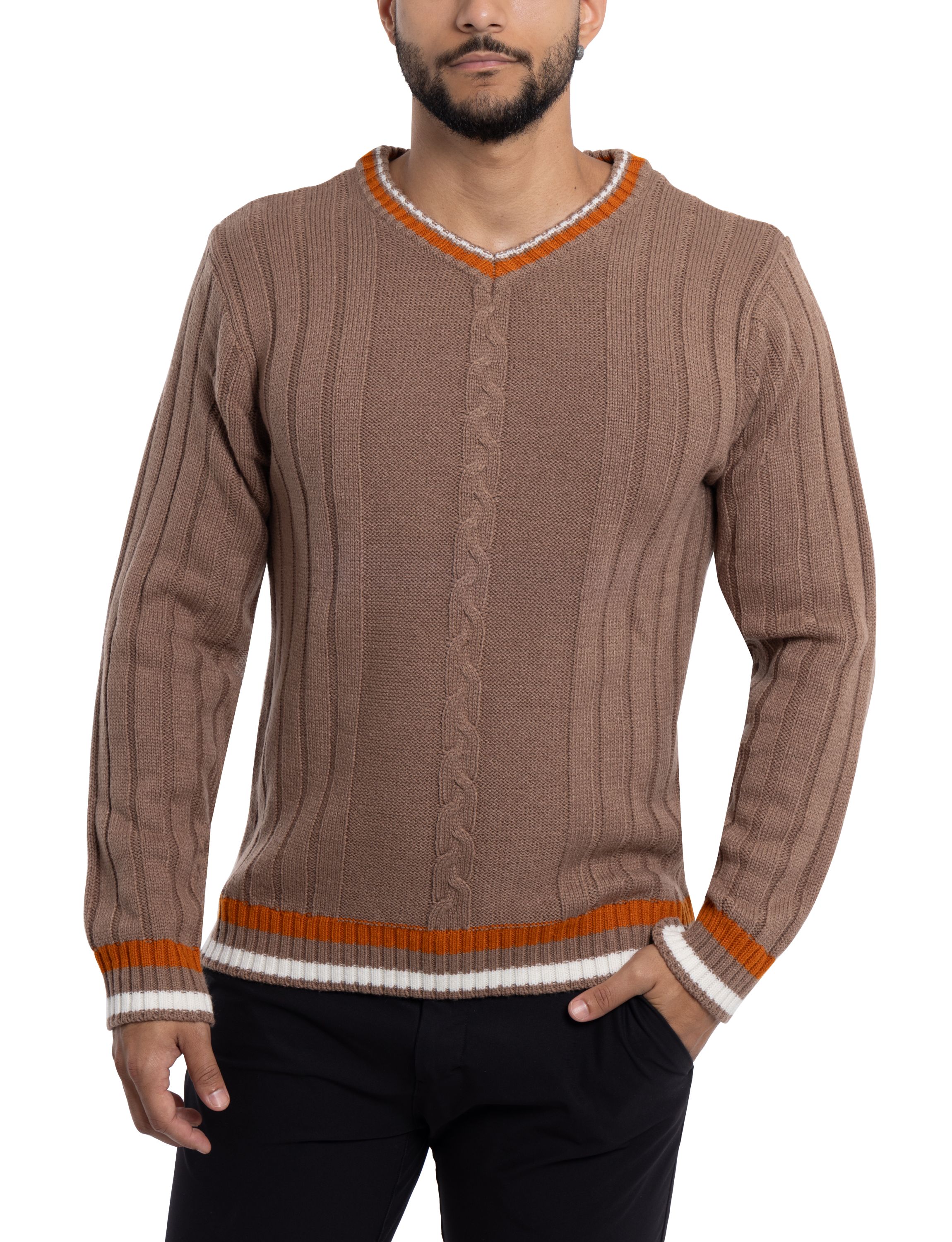 Mens Cable Knit Tipped V-Neck Sweater
