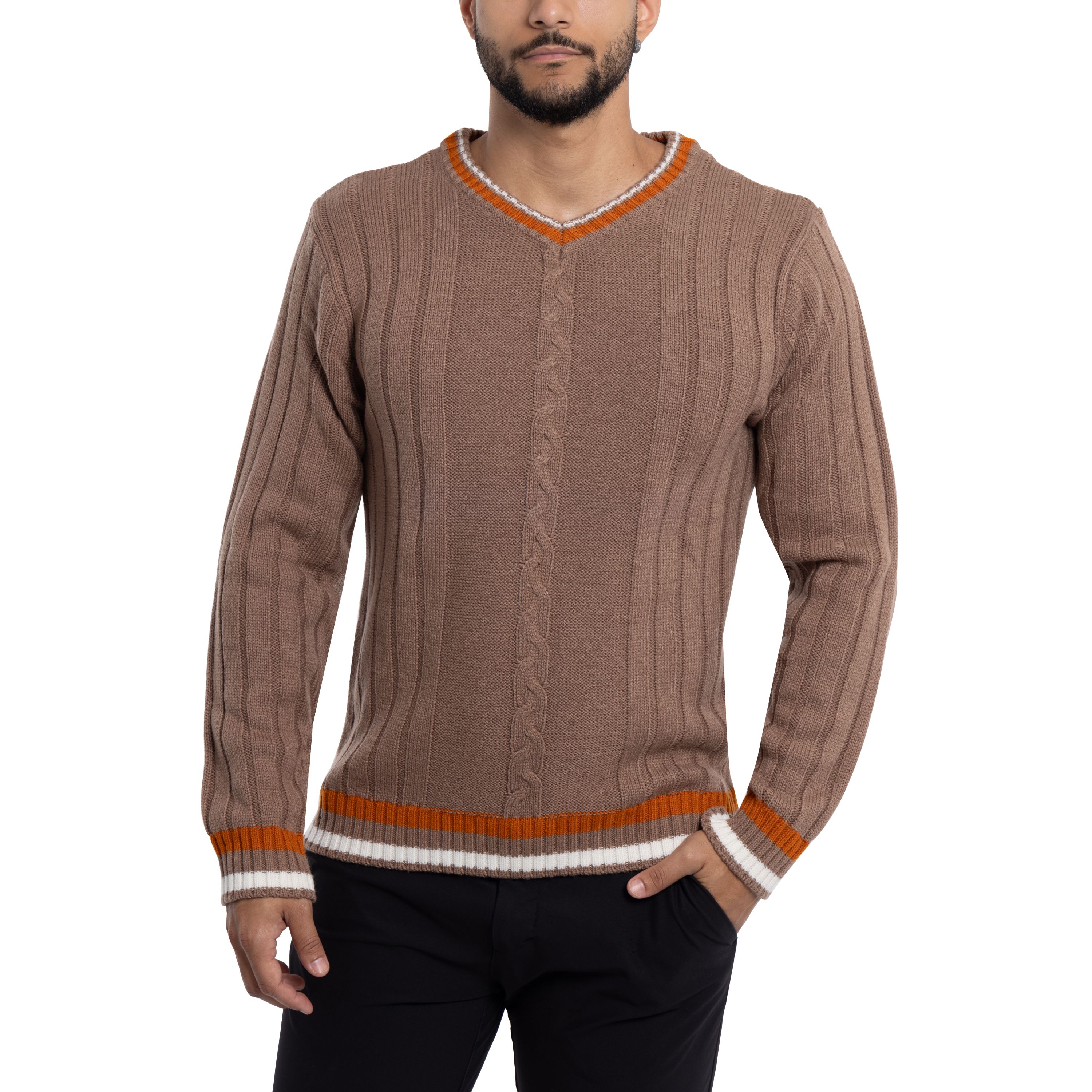 Mens Cable Knit Tipped V-Neck Sweater