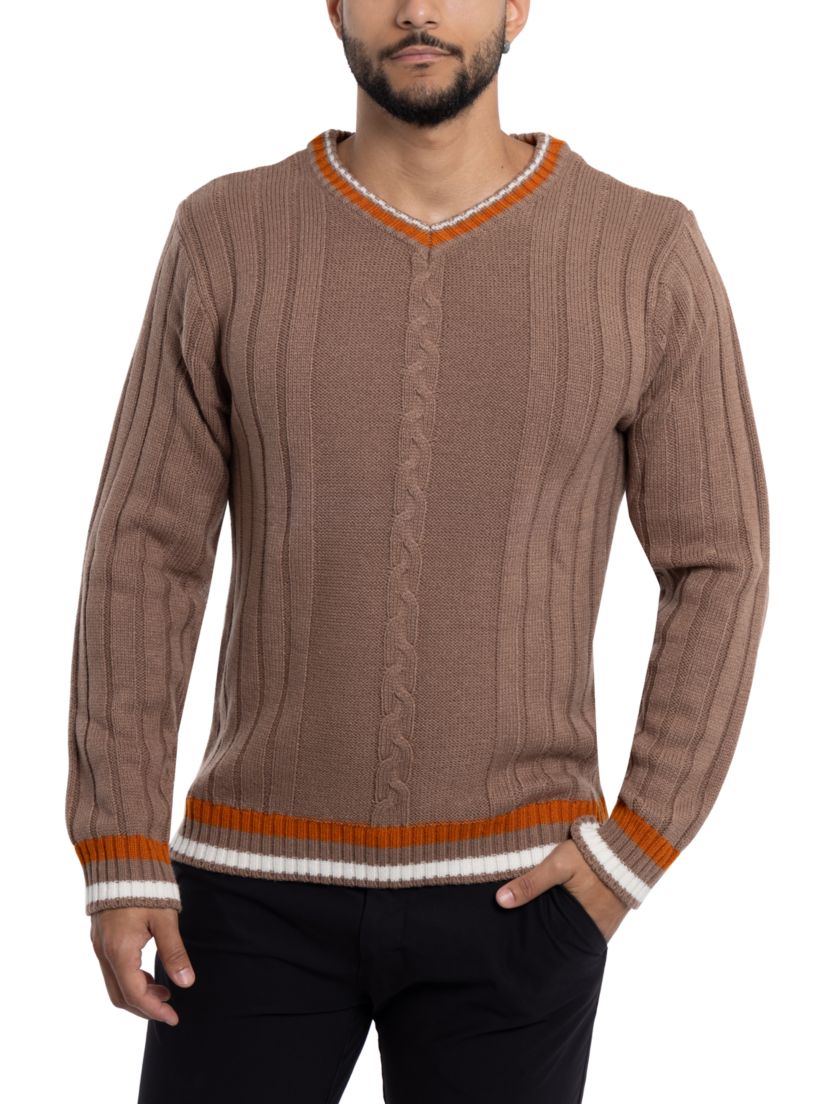 Mens Cable Knit Tipped V-Neck Sweater