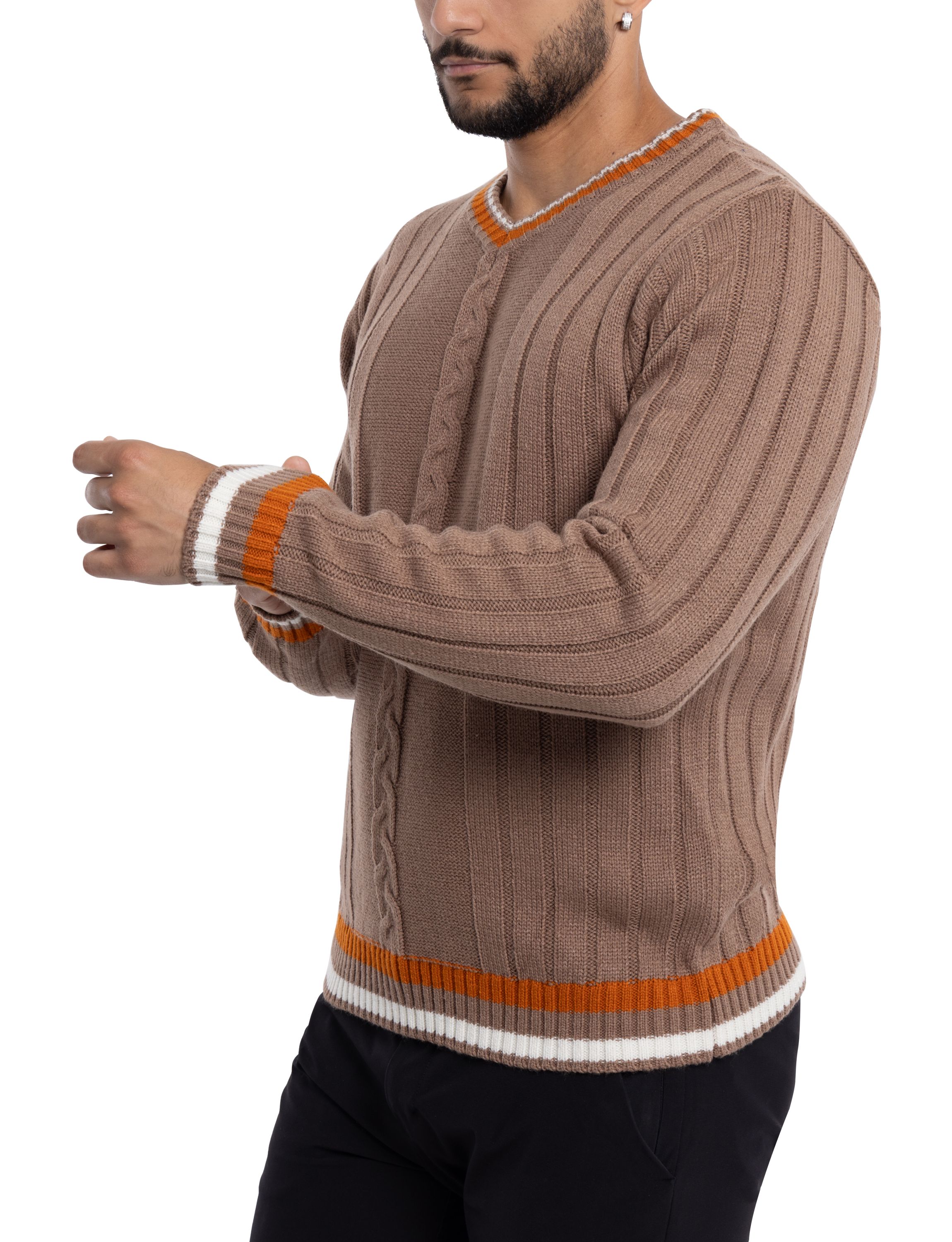 Mens Cable Knit Tipped V-Neck Sweater