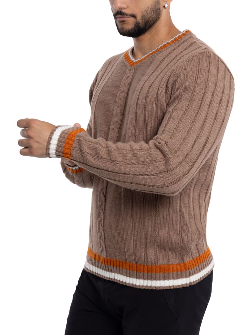Mens Cable Knit Tipped V-Neck Sweater