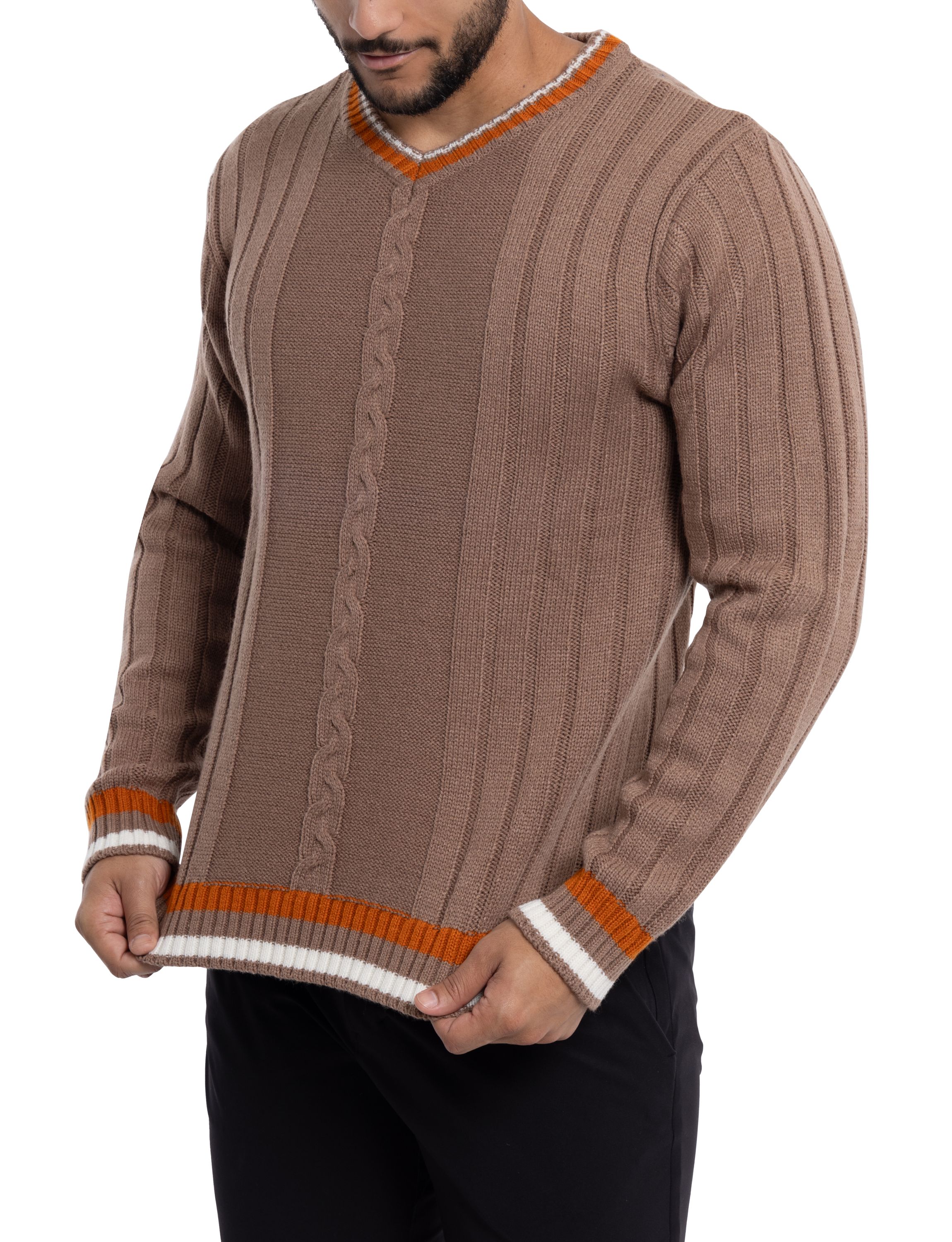 Mens Cable Knit Tipped V-Neck Sweater
