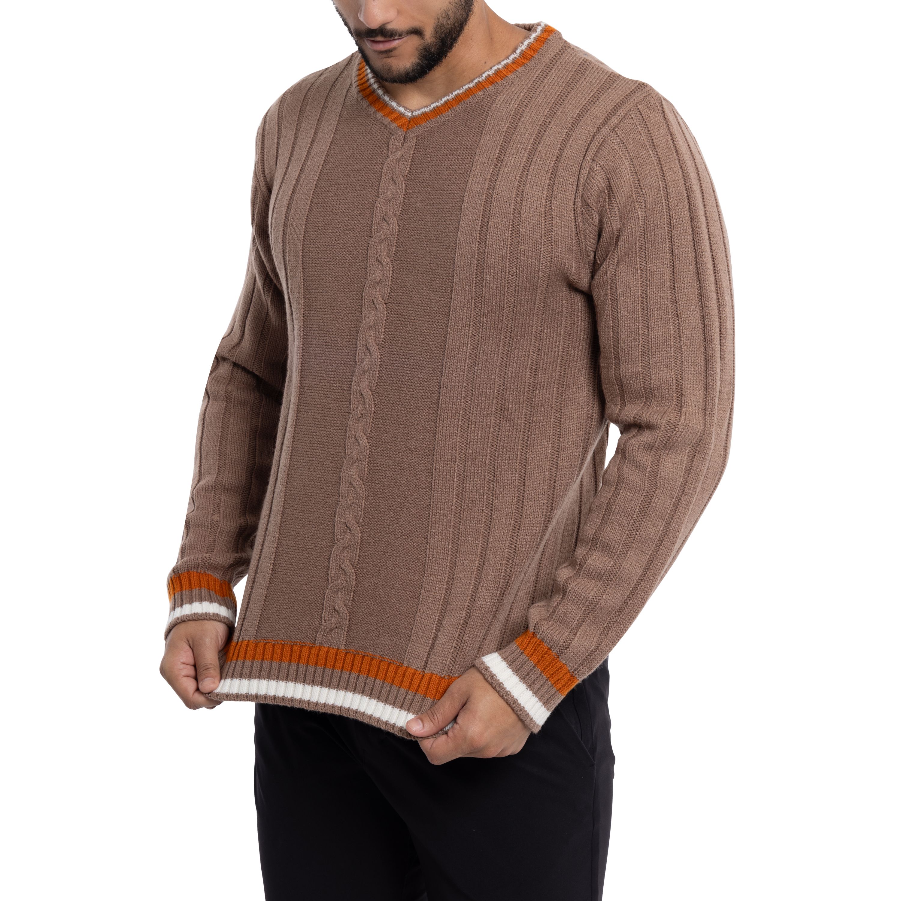 Mens Cable Knit Tipped V-Neck Sweater