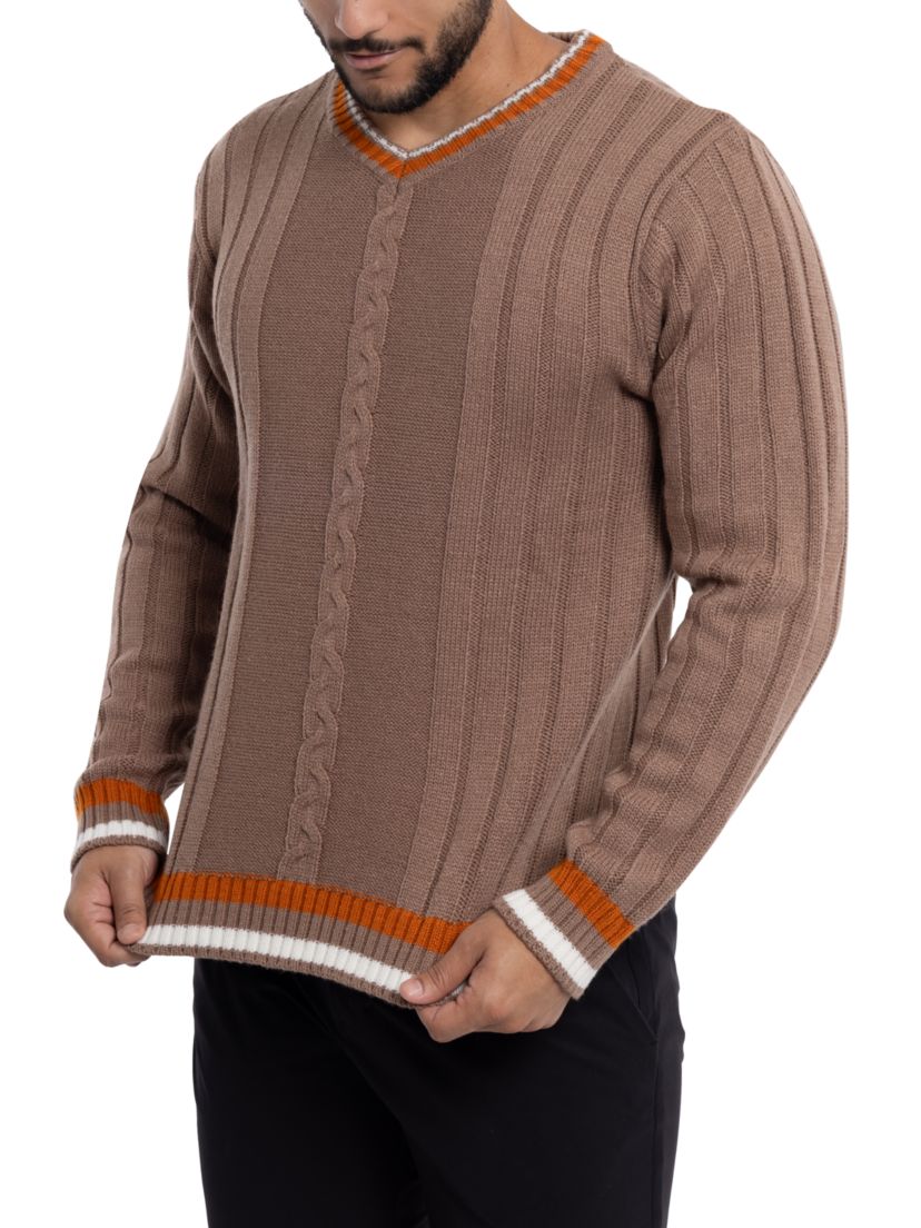 Mens Cable Knit Tipped V-Neck Sweater