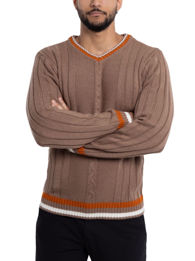 Mens Cable Knit Tipped V-Neck Sweater