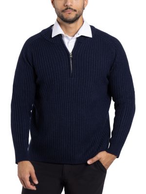 X RAY Men's Ribbed Mock Neck Quarter-Zip Sweater, Navy Blue, Large