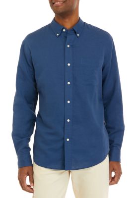 Biltmore Men's Long Sleeve Linen and Cotton Shirt, Navy Blue, Small