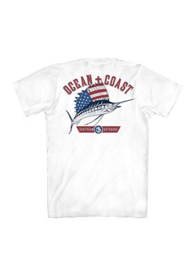 Ocean Coast T-Shirt Mens Small Blue American Fishing Flag Print Cotton  Marlin