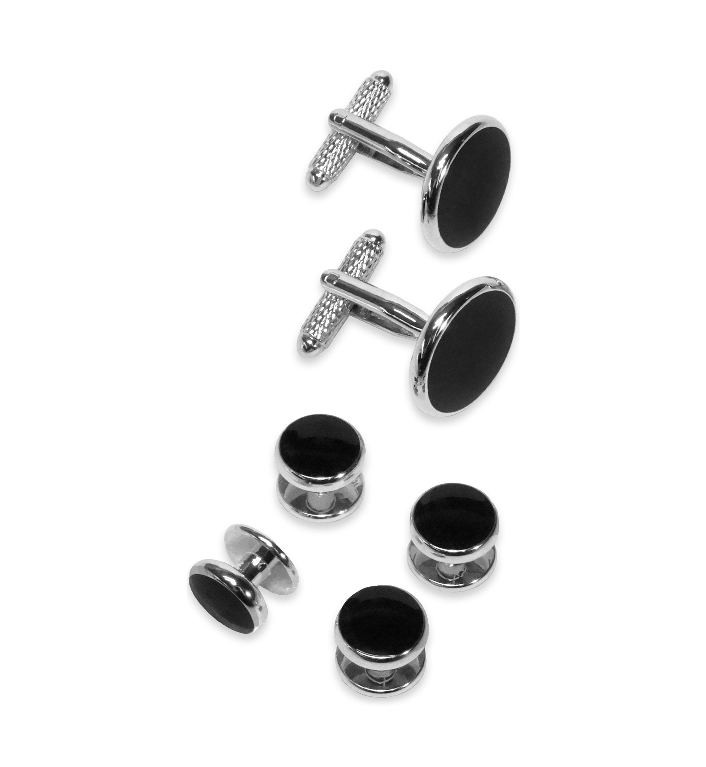 Silver Tone Black Cuff Link Stud Set