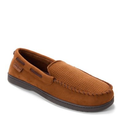 Dearfoams Men's Keaton Perforated Microfiber Suede Moc w Whipstitch, Tan, XL