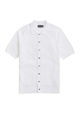 Brooks Brothers Men's Cotton Cable-Knit Short-Sleeve Polo Sweater, White, Large