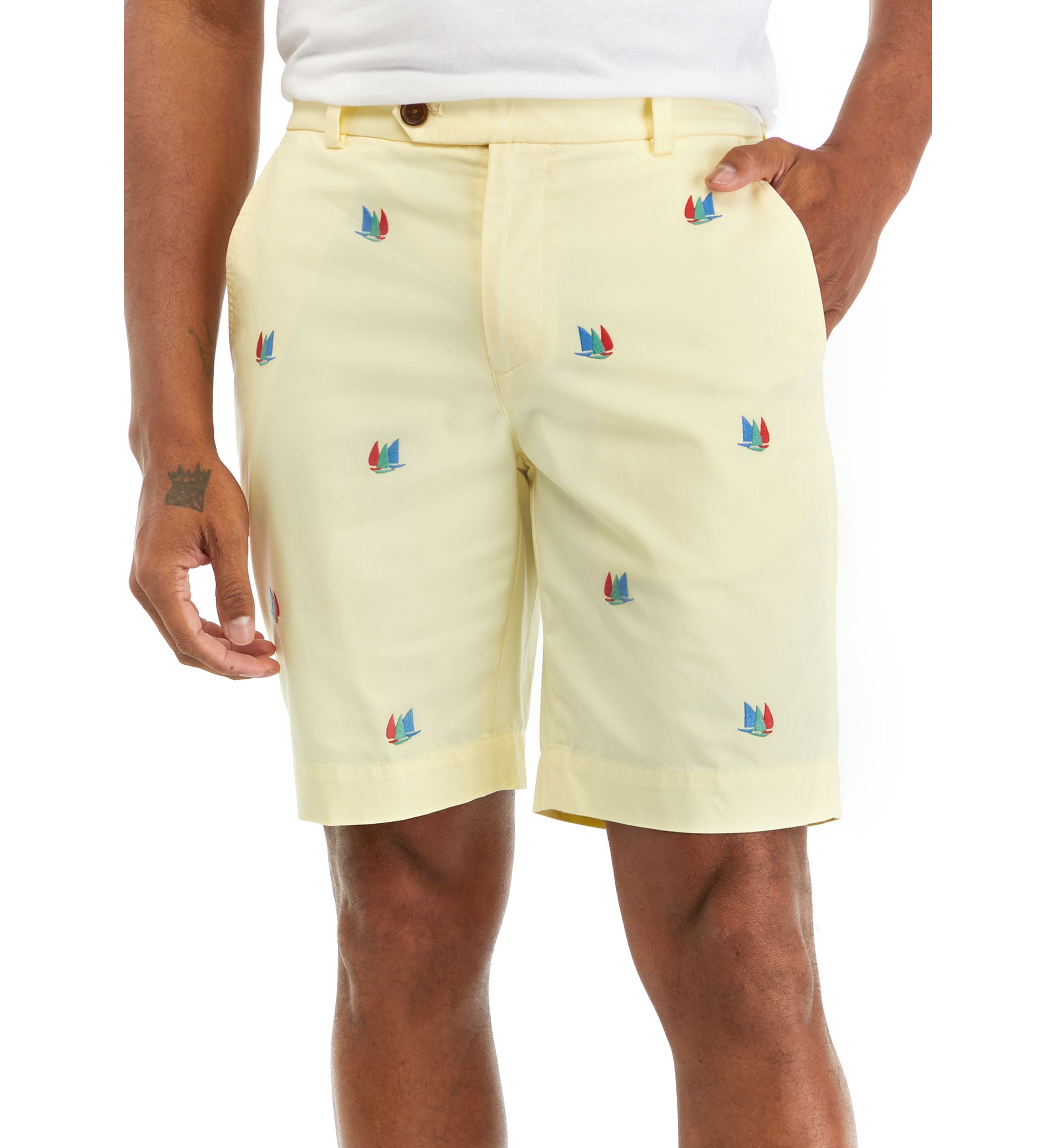 Mens 9" Stretch Cotton Embroidered Sailboat Shorts