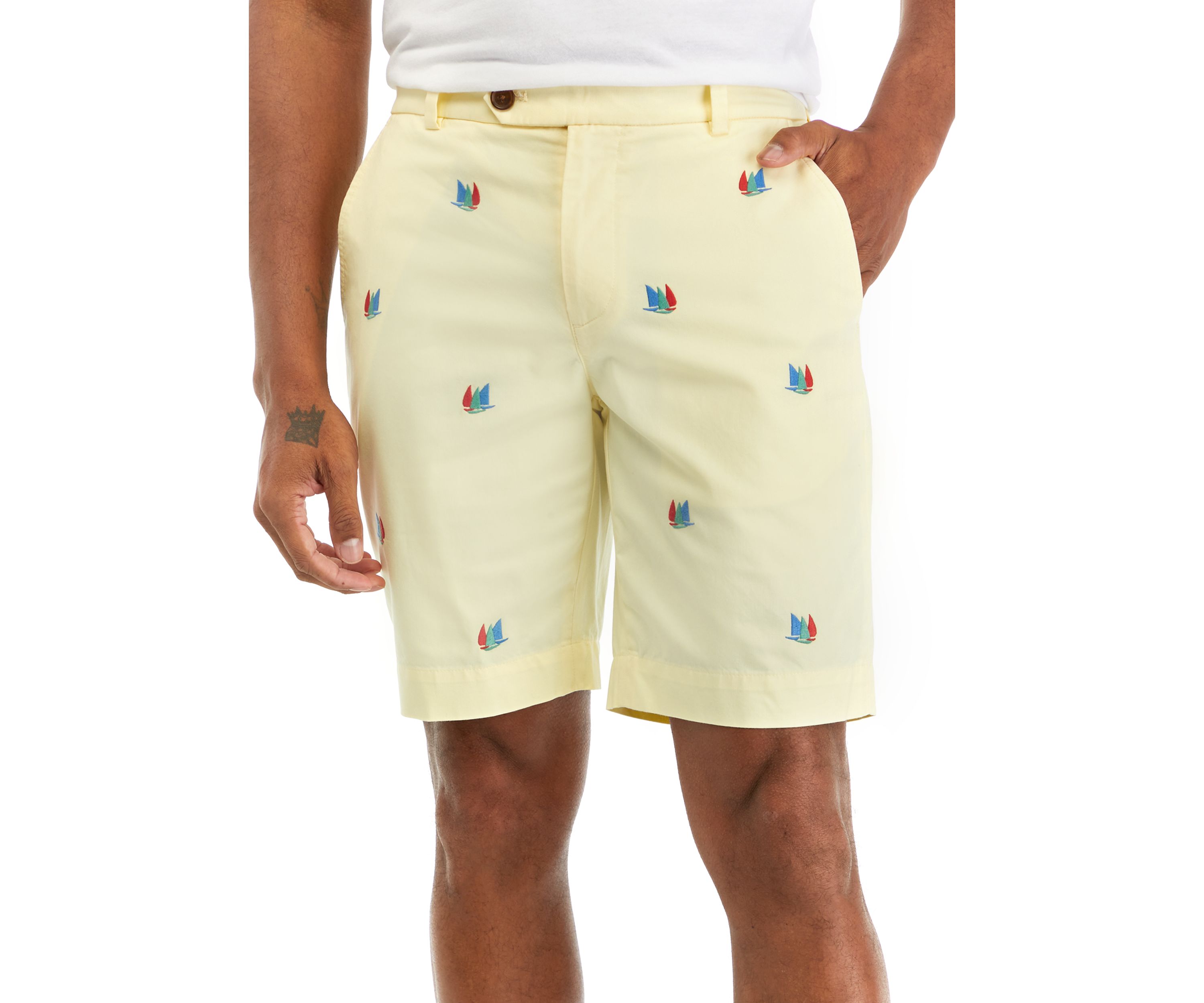 Mens 9" Stretch Cotton Embroidered Sailboat Shorts