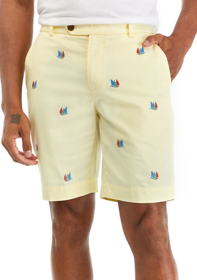 Mens 9" Stretch Cotton Embroidered Sailboat Shorts
