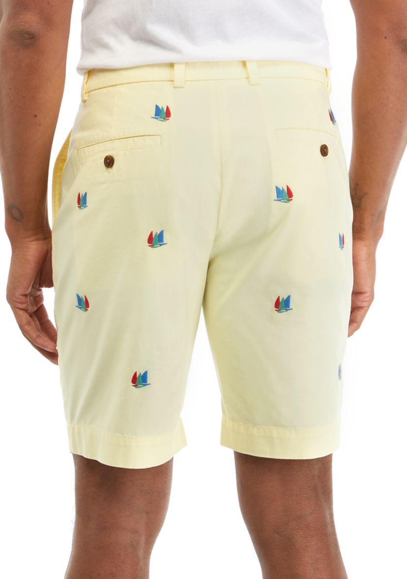 Mens 9" Stretch Cotton Embroidered Sailboat Shorts