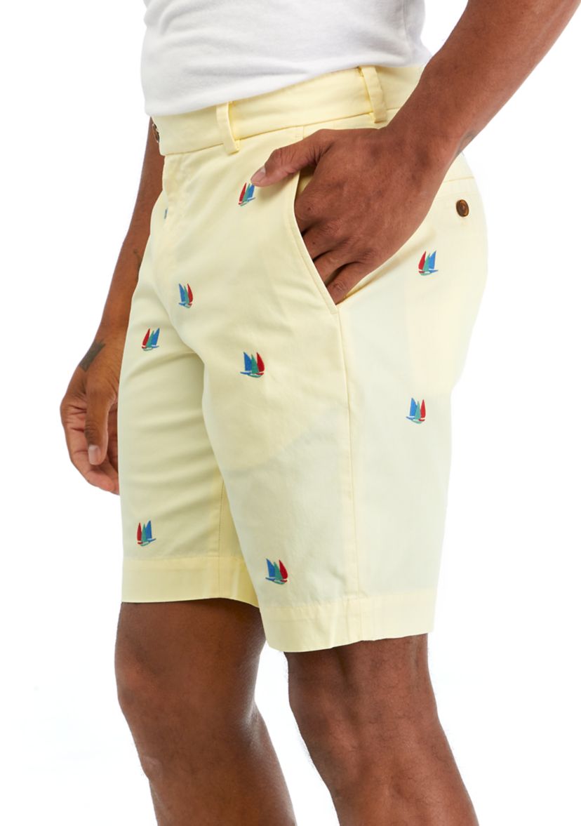 Mens 9" Stretch Cotton Embroidered Sailboat Shorts