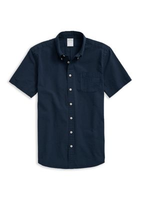 Brooks Brothers Men's Stretch Cotton Seersucker Button-Down Collar Short-Sleeve Sport Shirt, Navy Blue, Large