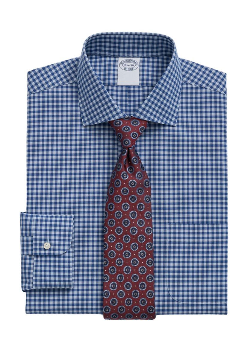 Mens Stretch Supima Cotton Non Iron Poplin English Spread Collar Gingham Dress Shirt