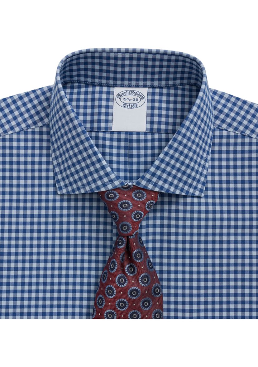 Mens Stretch Supima Cotton Non Iron Poplin English Spread Collar Gingham Dress Shirt